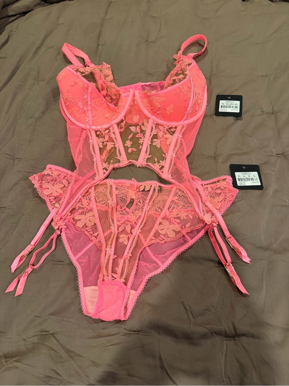 Honey Birdette Sabrina Candy Pink Floral Lace Bustier w/Garters and Brief Set